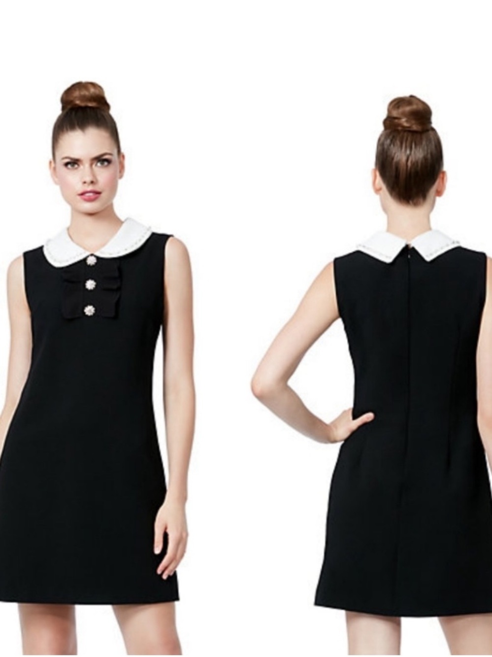 Betsey Johnson Shift Dress Black White Peter Pan Collar Embellished size 6